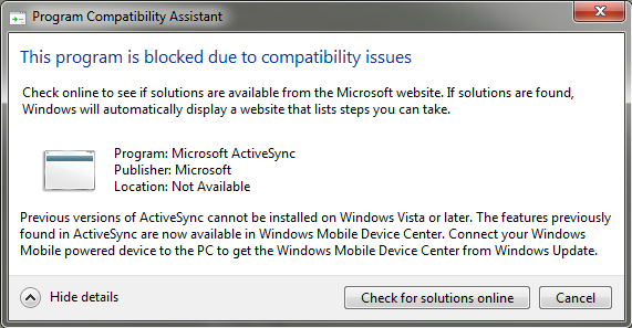ActiveSync incompatibility with Windows 7