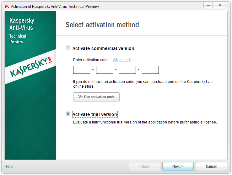 Kaspersky activation screen